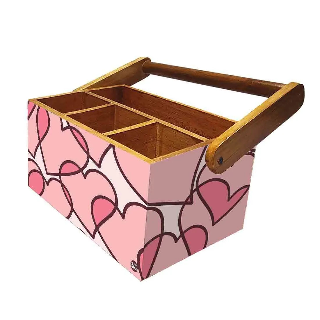 Wooden Cutlery Holder With Handle for Kitchen Storage - Pink Heart