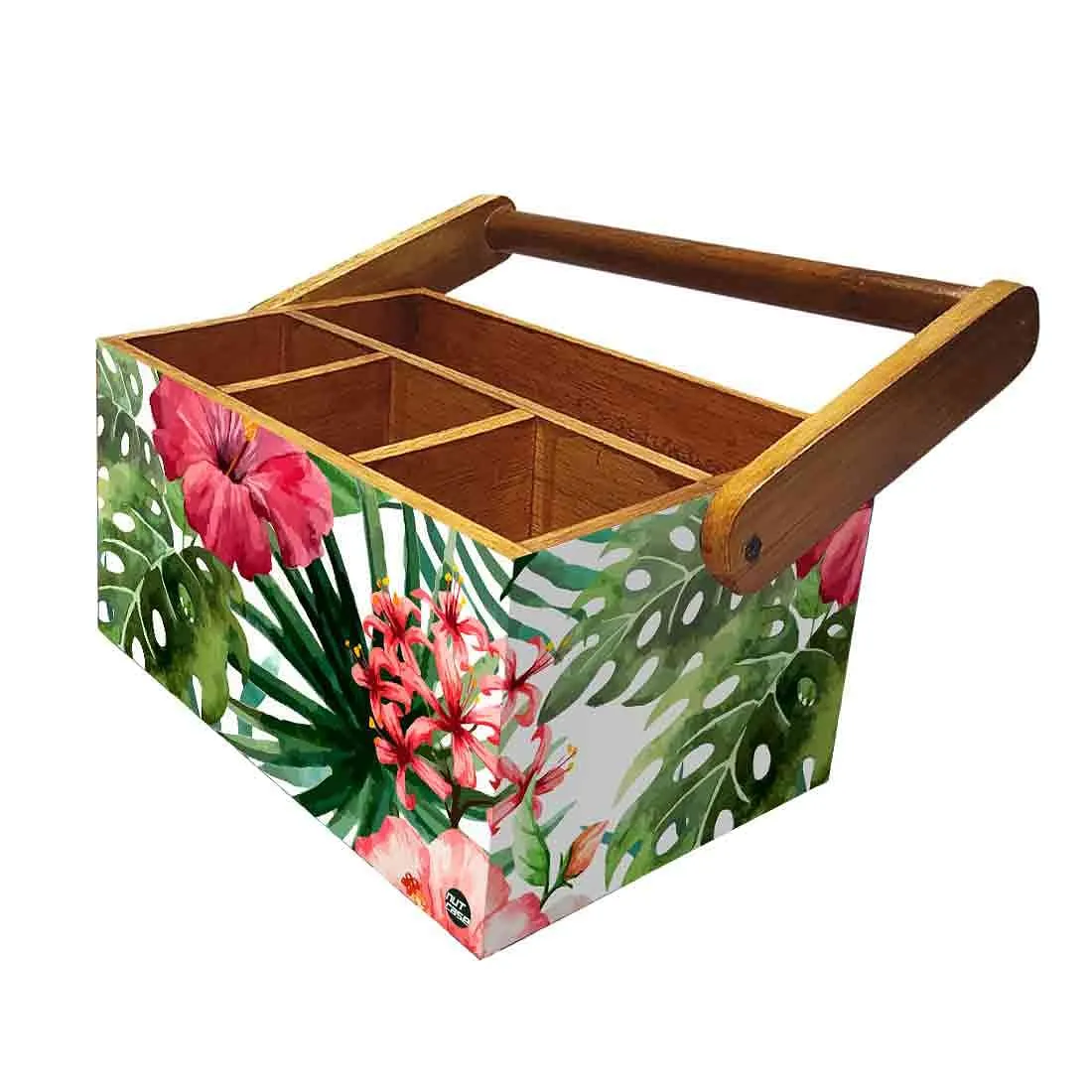 Wooden Tissue and Cutlery Holder for kitchen Organizer With Handle - Hibiscus