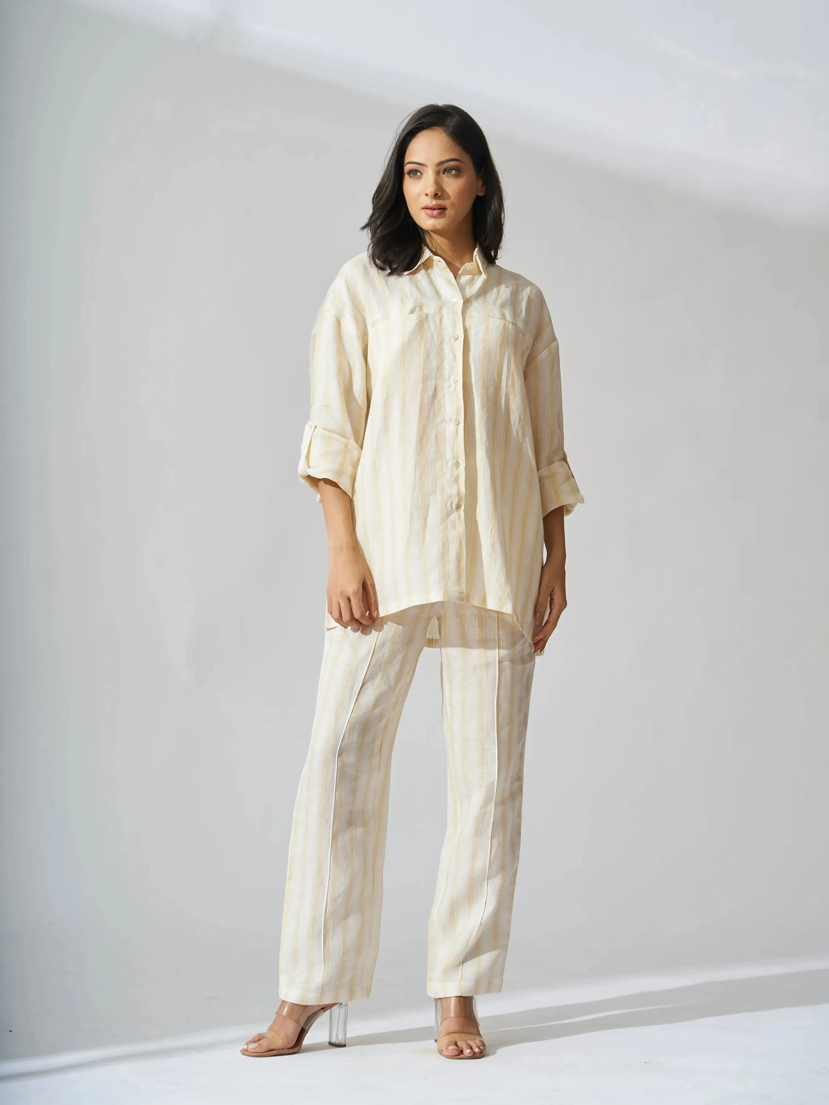 Yellow stripes Drop Shoulder Linen Shirt with Straight Leg Pants - Coord Set