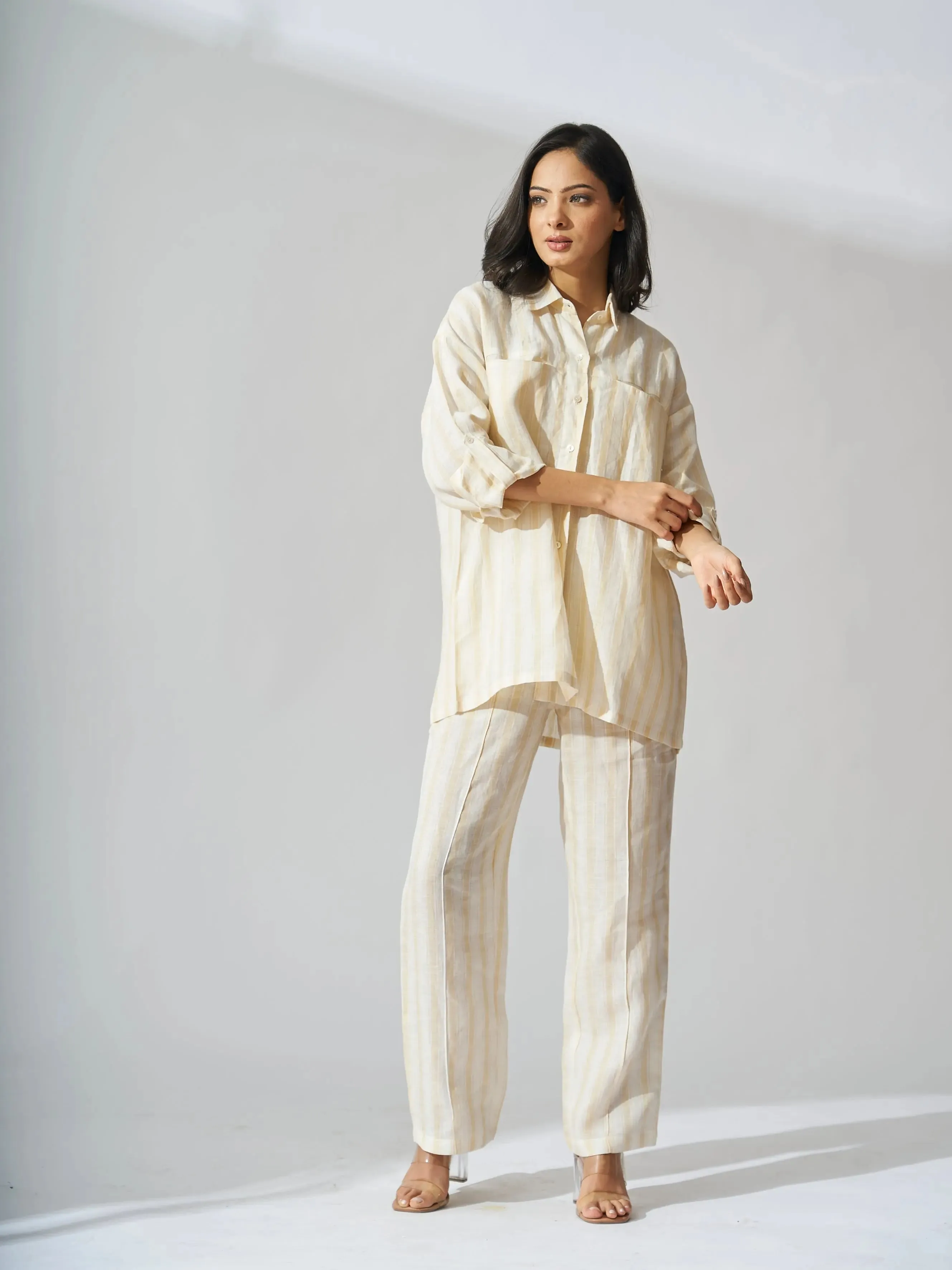 Yellow stripes Drop Shoulder Linen Shirt with Straight Leg Pants - Coord Set
