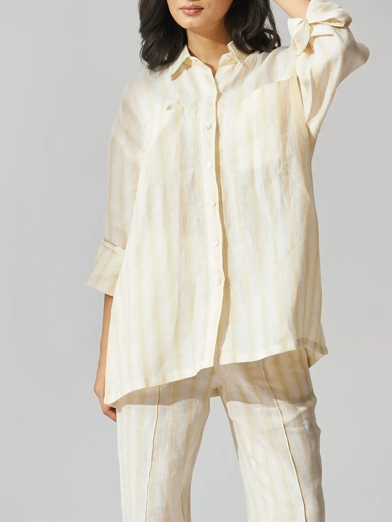 Yellow stripes Drop Shoulder Linen Shirt with Straight Leg Pants - Coord Set