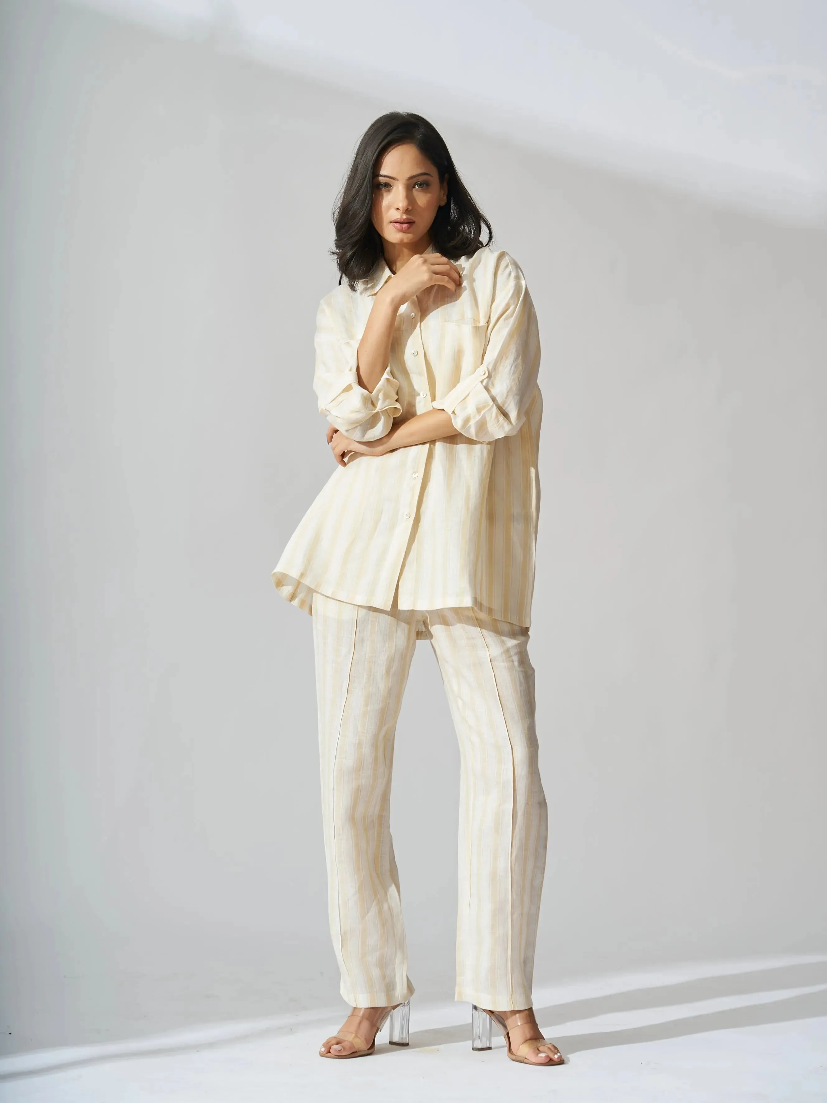 Yellow stripes Drop Shoulder Linen Shirt with Straight Leg Pants - Coord Set