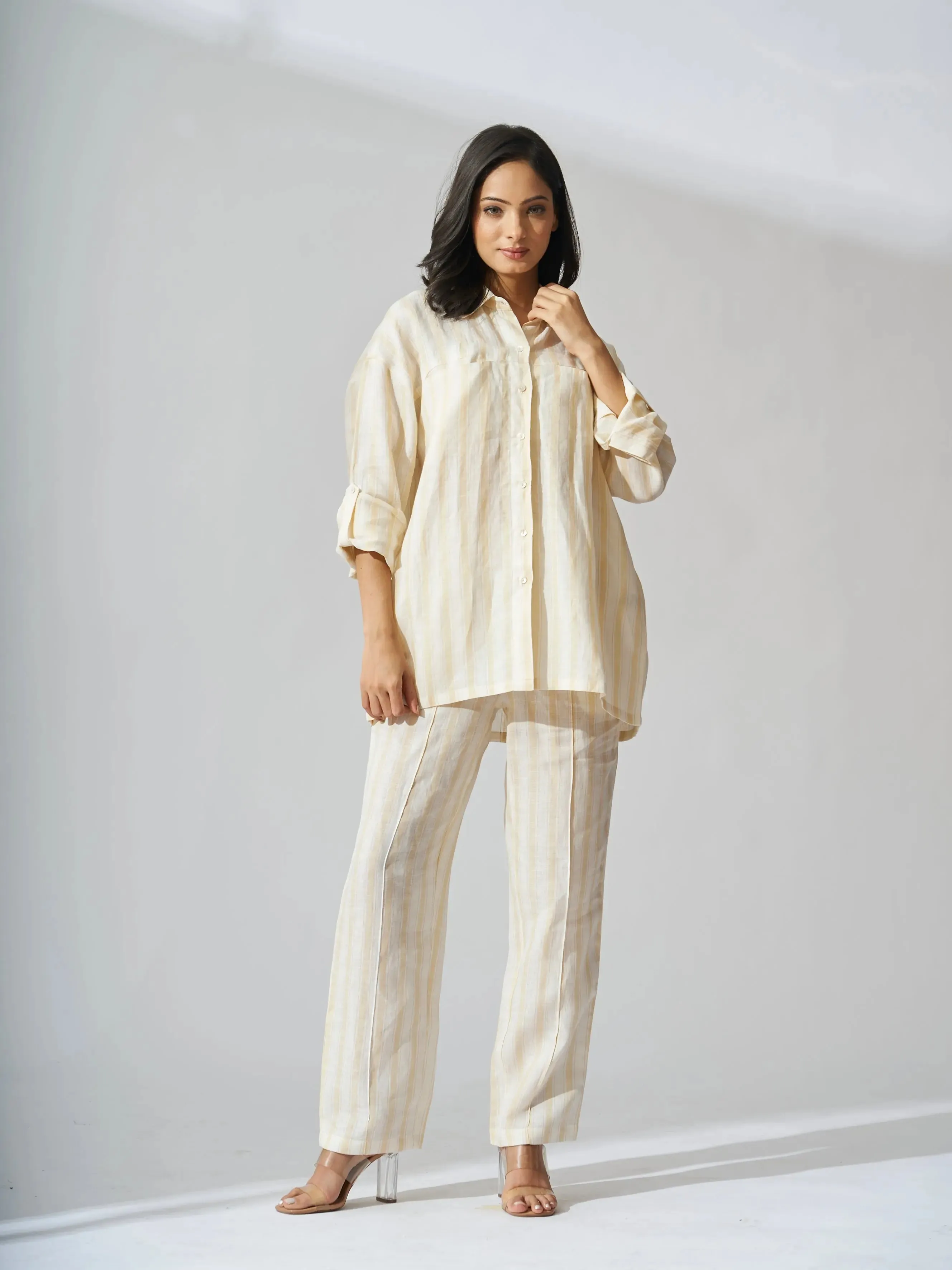 Yellow stripes Drop Shoulder Linen Shirt with Straight Leg Pants - Coord Set