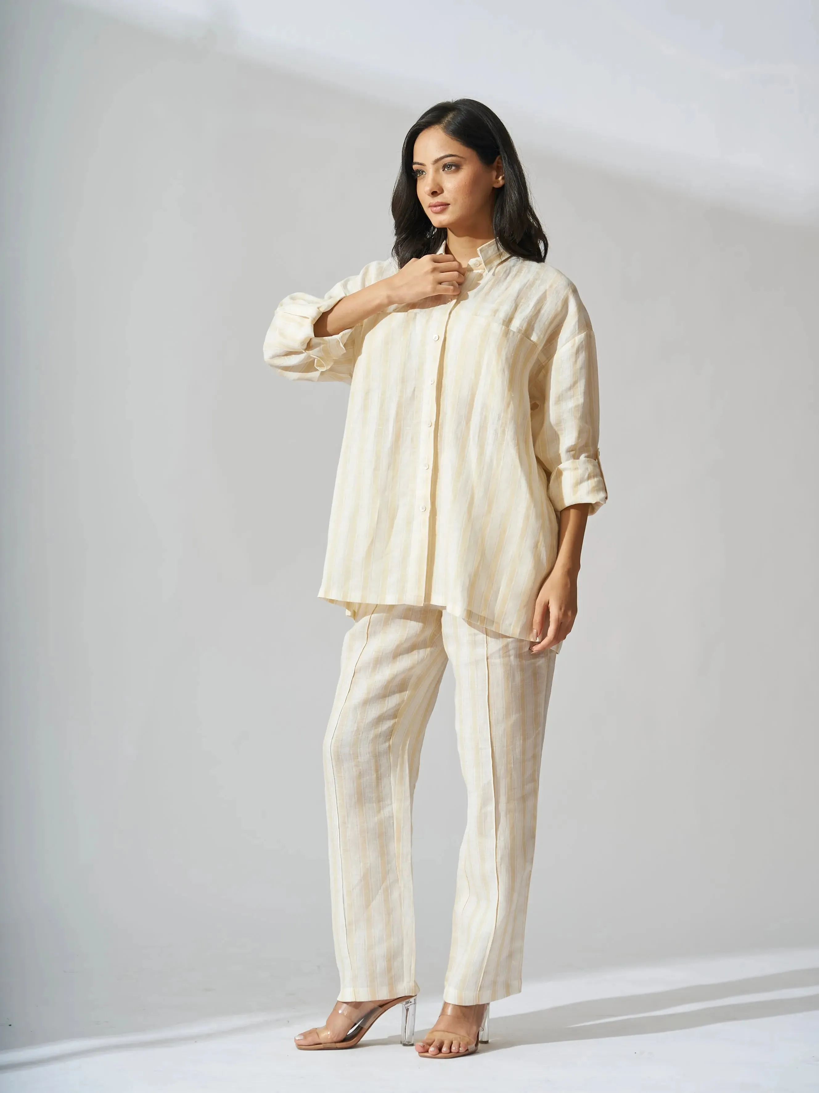Yellow stripes Drop Shoulder Linen Shirt with Straight Leg Pants - Coord Set