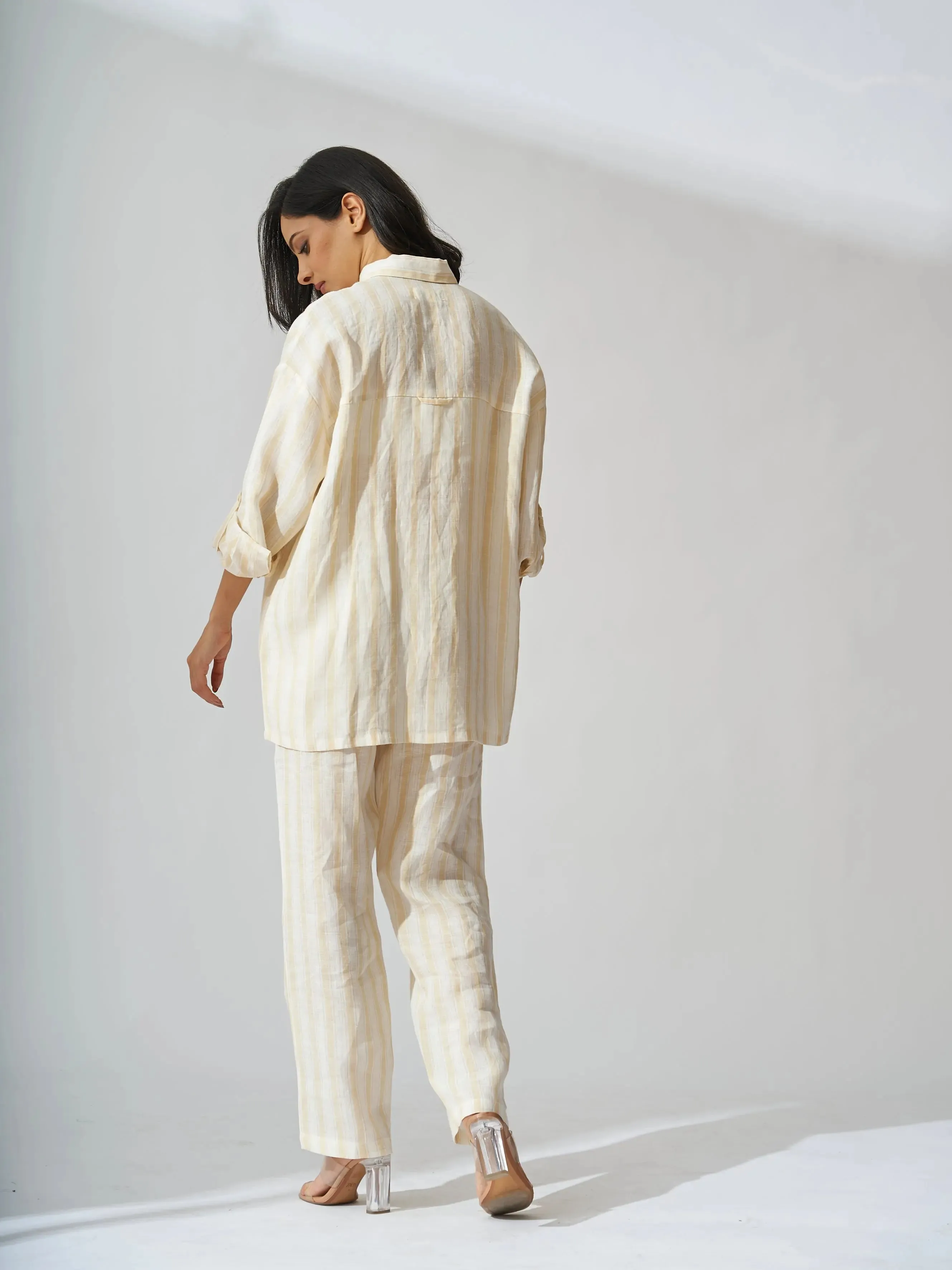 Yellow stripes Drop Shoulder Linen Shirt with Straight Leg Pants - Coord Set